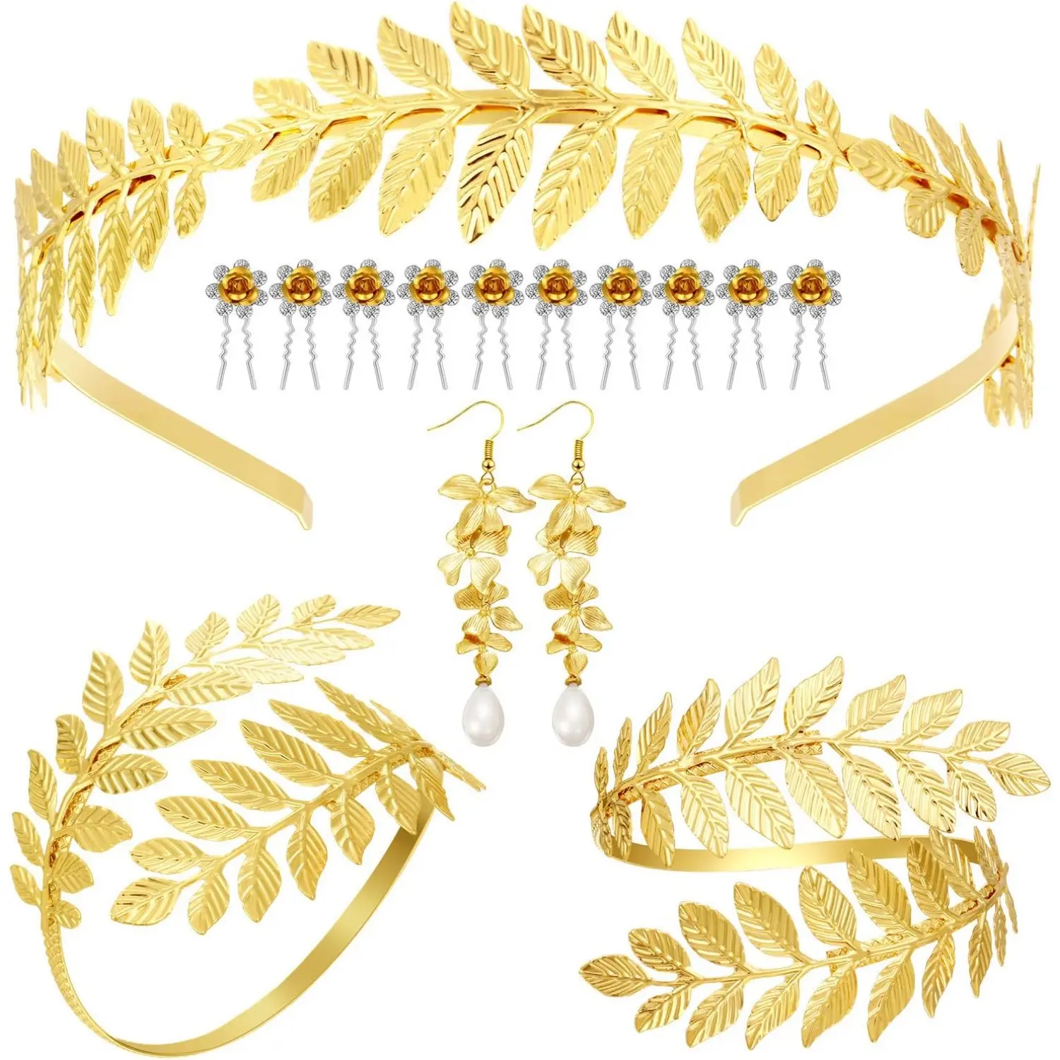 Women's 15-Piece Classic Style Shining Flower Jewelry Set - Adjustable, Golden Greek Leaf Bracelets, Bridal Crown, Headband, Pearl Earrings, Hair Pins for Weddings, Parties, Dances, Toga Costume Accessories