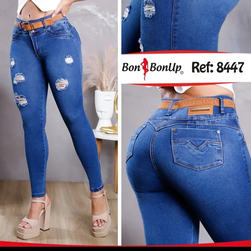 Bon BonUp Colombian Butt-Lifting Jeans for Women | High Waisted Stretchy Premium | Medium Blue Skinny Distressed Front Removable Belt | Bon BonUp Jeans Colombianos Levanta Cola para Mujer | Ref: 8447