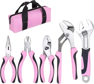 5- Pink Utility Pliers Set with Storage Bag, Includes Groove Joint, Diagonal, Long Nose, Slip Joint Pliers and 8" Adjustable Wrench