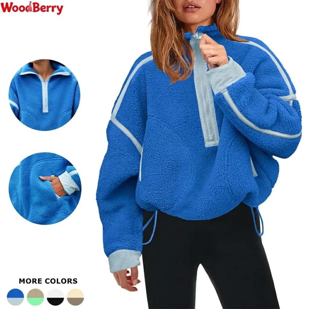 WoodBerry Teddy Sherpa Pullover Tops for Lady, Oversized Warm Half-Zip Fuzzy Sweatshirt with Pockets and Longsleeves, Hoodie, Minimalist, Party, Polyester, Athletic, Basics, Outdoors, Zipper Pockets, Half Zip Sweatshirt, Chic, Collared Neck, Fashion, Flee