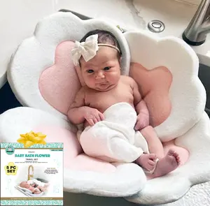 Baby Bath Cushion - Patented Design for More Support - New Born & Infant Baby Bath Sink Insert with Soft Seat Cover - Organic Travel Baby Bath Pad for Kitchen Sink Shower Tub Baths & More - Pink Lotus Flower Baby Bath Mat Pillow for Comfort & Warmth
