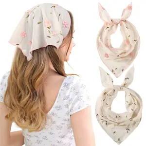 2Pack Floral Hair Bandanas Tie-back Head Kerchief for Women Flower Mesh Hair Scarves Lightweight Triangular Head Scarf