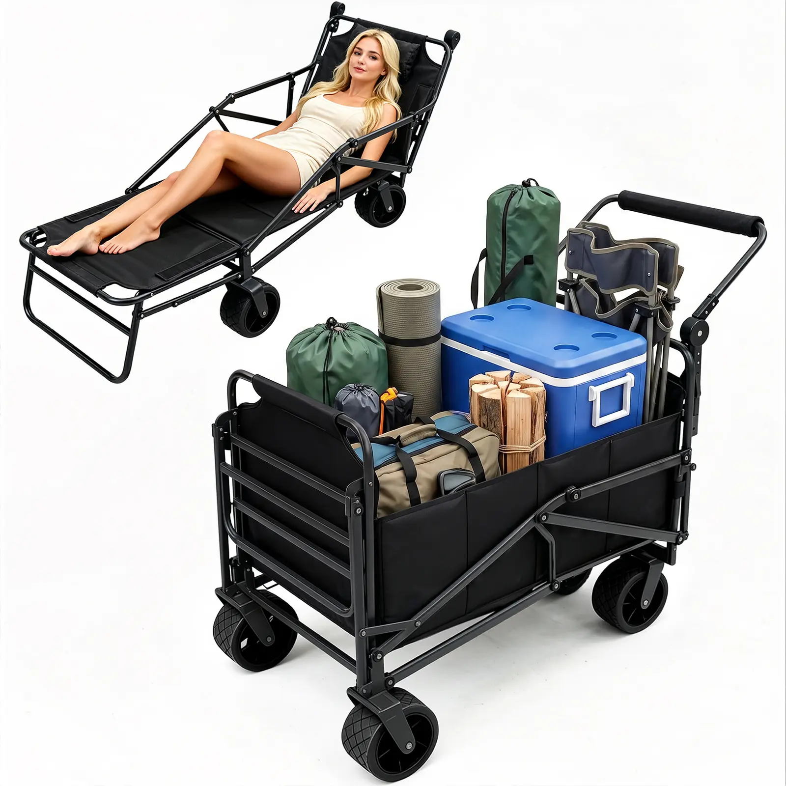 Heavy Duty Folding Wagon Cart 330 lb Capacity, 3-in-1 Collapsible Utility Wagon with Adjustable Handle and All-Terrain Wheels for Camping, Beach, Grocery, Outdoor Use