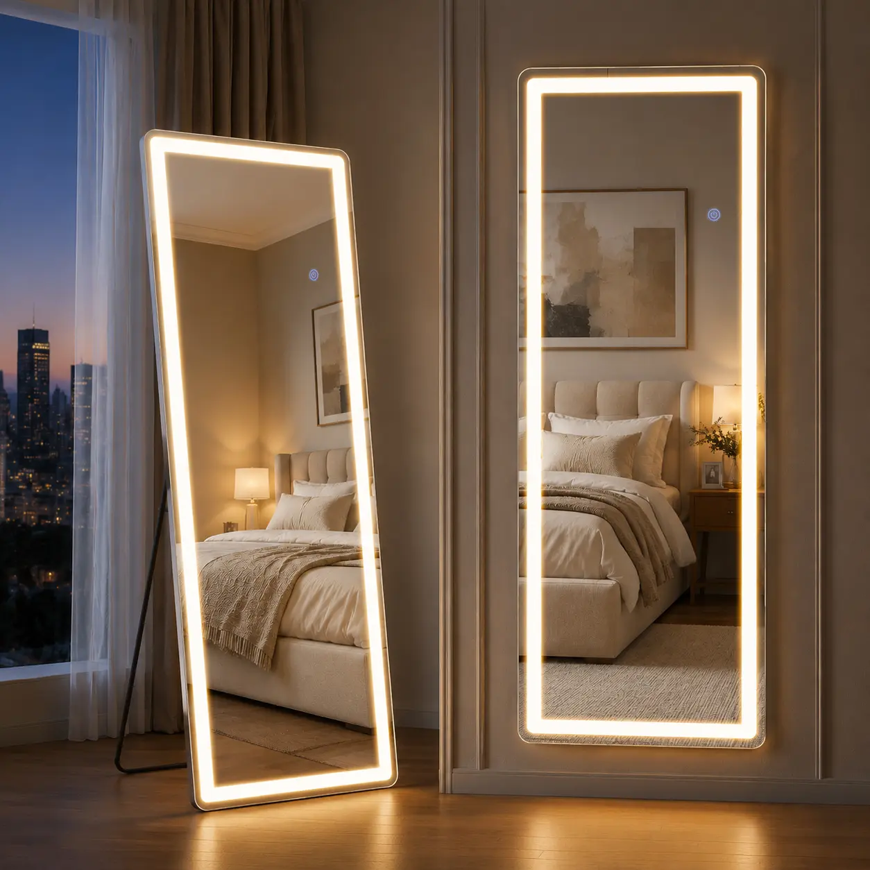 [LIVE5]LED Full Length Floor Mirror, 64"x21" Lighted Full Body Mirror | Standing Mirror with Dimming & 3 Color Lighting, Shatterproof Tempered Glass, Wall Hanging or Leaning for Home Decor, White
