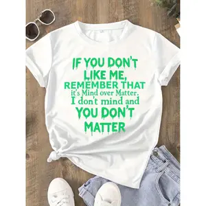Women's Plus Size Mind Over Matter T-Shirt - Bold Statement Casual Round Neck Top with Bold Text Print, Short Sleeve Casual Attire, Spring Summer Outfits