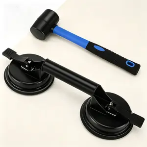 Heavy Duty Double Suction Cup Tool With Mallet, Glass and Tile Lifter with Pad for Lifting, Moving and Installing, Reusable Aluminum Suction Cups for Large Glass, Floor Gap Fixer, Dent Puller (1+1 Pack, Black)