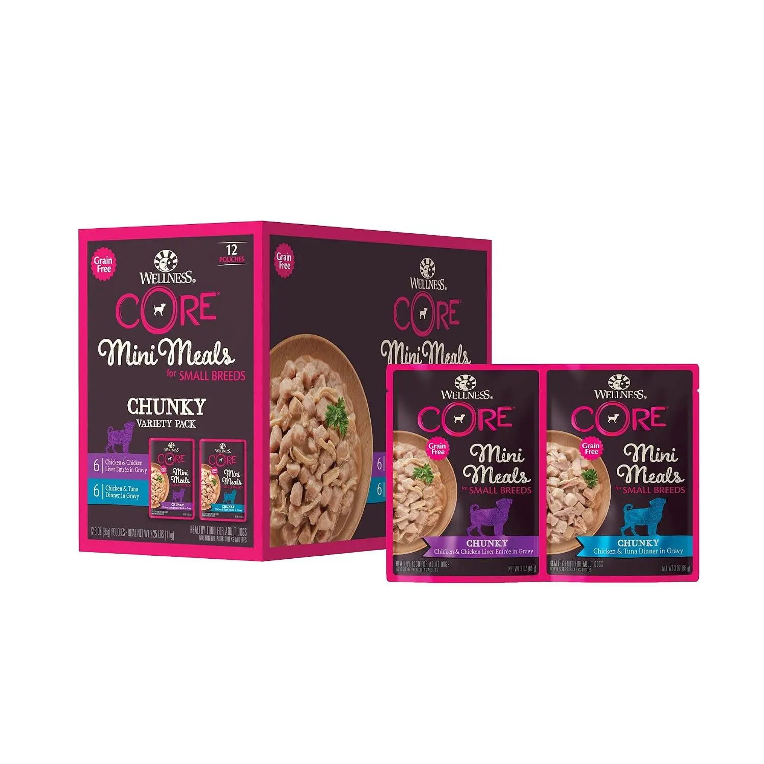 Wellness CORE Small Breed Mini Meals Shredded Variety Pack Adult Wet Dog Food, Grain Free, Natural, 3 oz, Pack of 12
