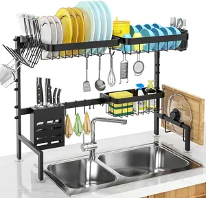 MERRYBOX Over The Sink Dish Drying Rack Adjustable Length (25-33in), 2 Tier Dish Rack Over Sink with Multiple Baskets Utensil Holder Cup Holder, Large Dish Rack for Kitchen Sink Organizer