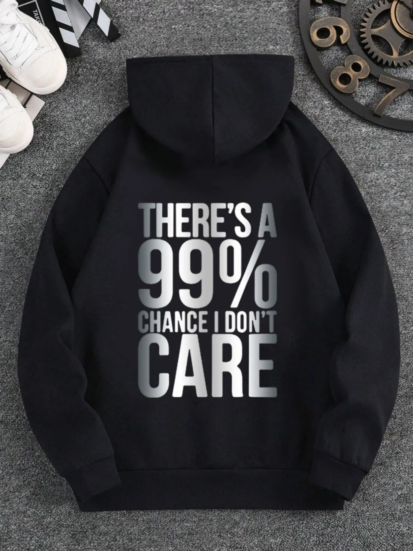 Men's Baggy Hooded Sweatshirt with Bold "99% CHANCE I DON’T CARE" Iconic Quote Print for Casual Streetwear, Machine Washable, Black, Long Sleeve, Tops, Bold Print, Loose-Fit, Hoodie/Jumper, Oversized, Normal Type, Polyester, Menswear, Fashion, Statement T
