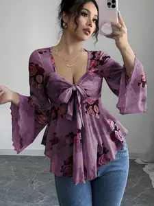 Romantic Lavender Floral Mesh Women Top | Aesthetic Rose Print Tie-Front Blouse with Flare Bell Sleeves