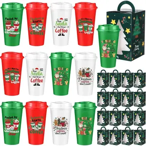 Mimorou 12 Set Christmas Coffee Cups Gifts 16 oz Reusable Coffee Cup with Lids and Gift Bags, Plastic Christmas Mugs Set of 12 Xmas Party Holiday Gifts for Teachers Coworker Nurse