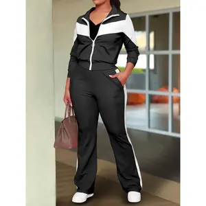 Spring and Autumn Women'S Suit Fashion Contrast Stitching Sports Style Zip-Up Jacket Casual Pants Two-Piece Set