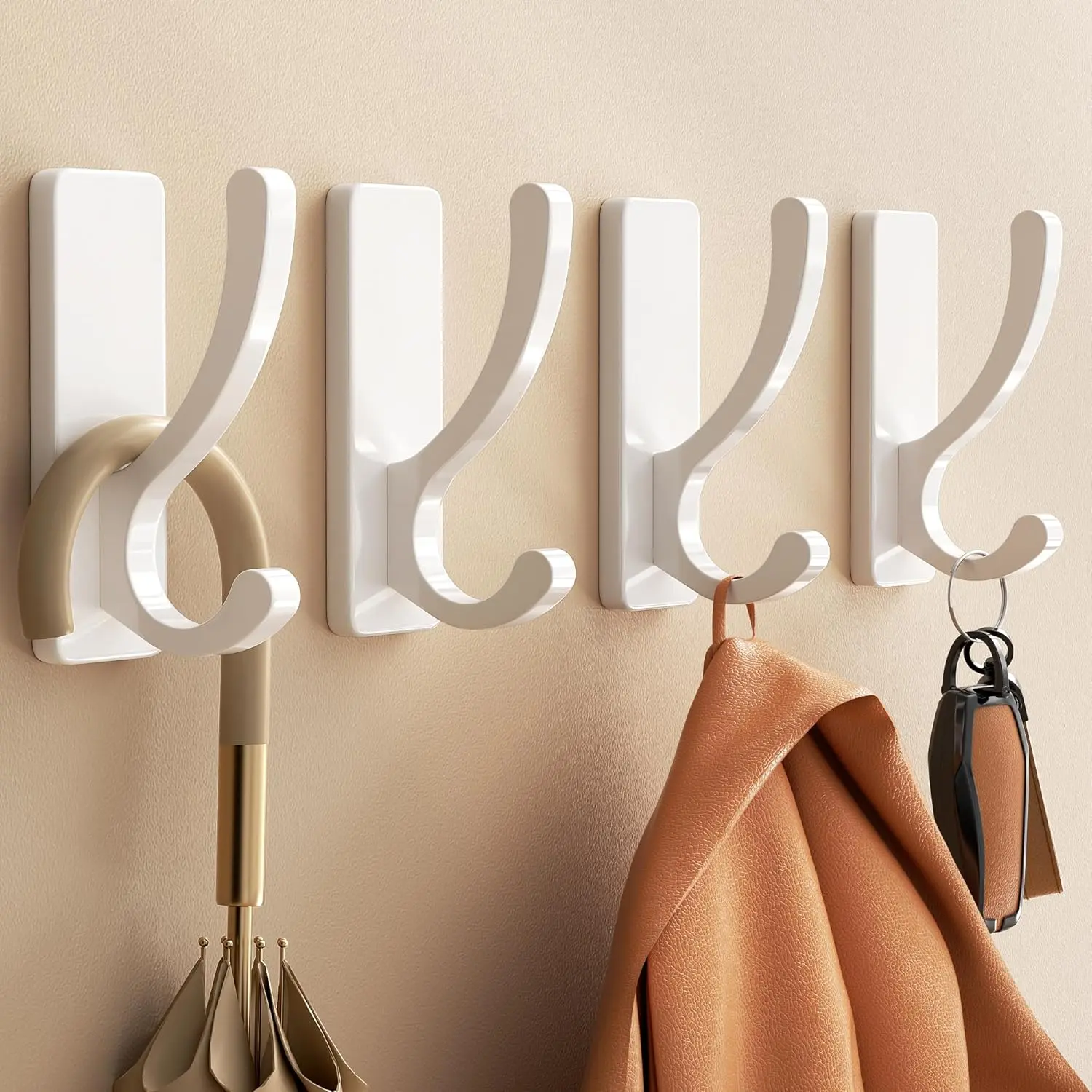 Adhesive Wall Hooks for Towels Coats - Stick On Hooks Hanging Heavy Duty (13lb), Metal Hook for Door, Bathroom, Dorm, Closet - Hanger for Purse, Bag, Robe,Backpack - No  to Wall - White 4 Pack