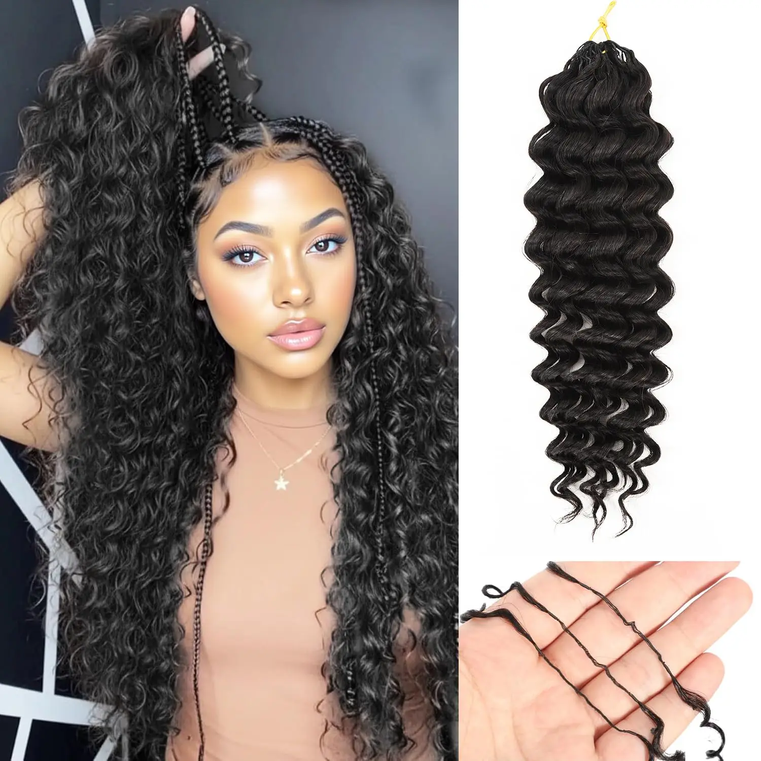Deep Wave Crochet Human Hair for Braiding Feather Crochet Hair for Women 14‑22 Inch Natural Black Deep Wave Braiding Hair Pre‑Separated Knotless Real Human Hair Bohemian Crochet Hair Extensions