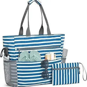 Striped Pattern Beach Bag, Large Capacity Foldable Waterproof Beach Bag, Beach Tote Bag, Storage Bag for Home, Outdoor, Travel, Camping, Summer Bags