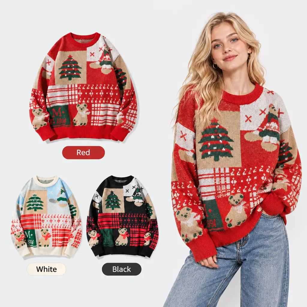 SAND SOUND Women's Casual Round Neck Festive Knit Sweater - Longsleeve Soft Top, Patchwork Tree & Bear Print, White, Medium, Winter Holiday, Sweater Weather, Gifts for Coworkers Christmas, Last Minute Christmas Gifts for BF,sohochic