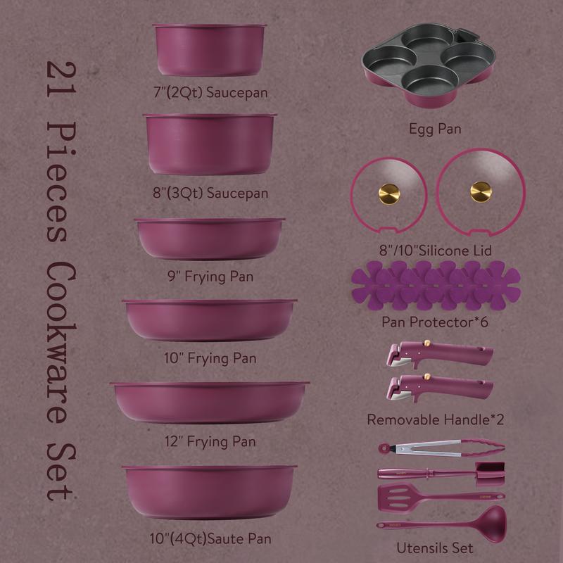 [Official] CAROTE 21pcs Nonstick Cookware Set, Pots and Pans with Removable Handle, Oven/Dishwasher/Fridge safe, Egg Pan, Purple/Burgundy/Gray