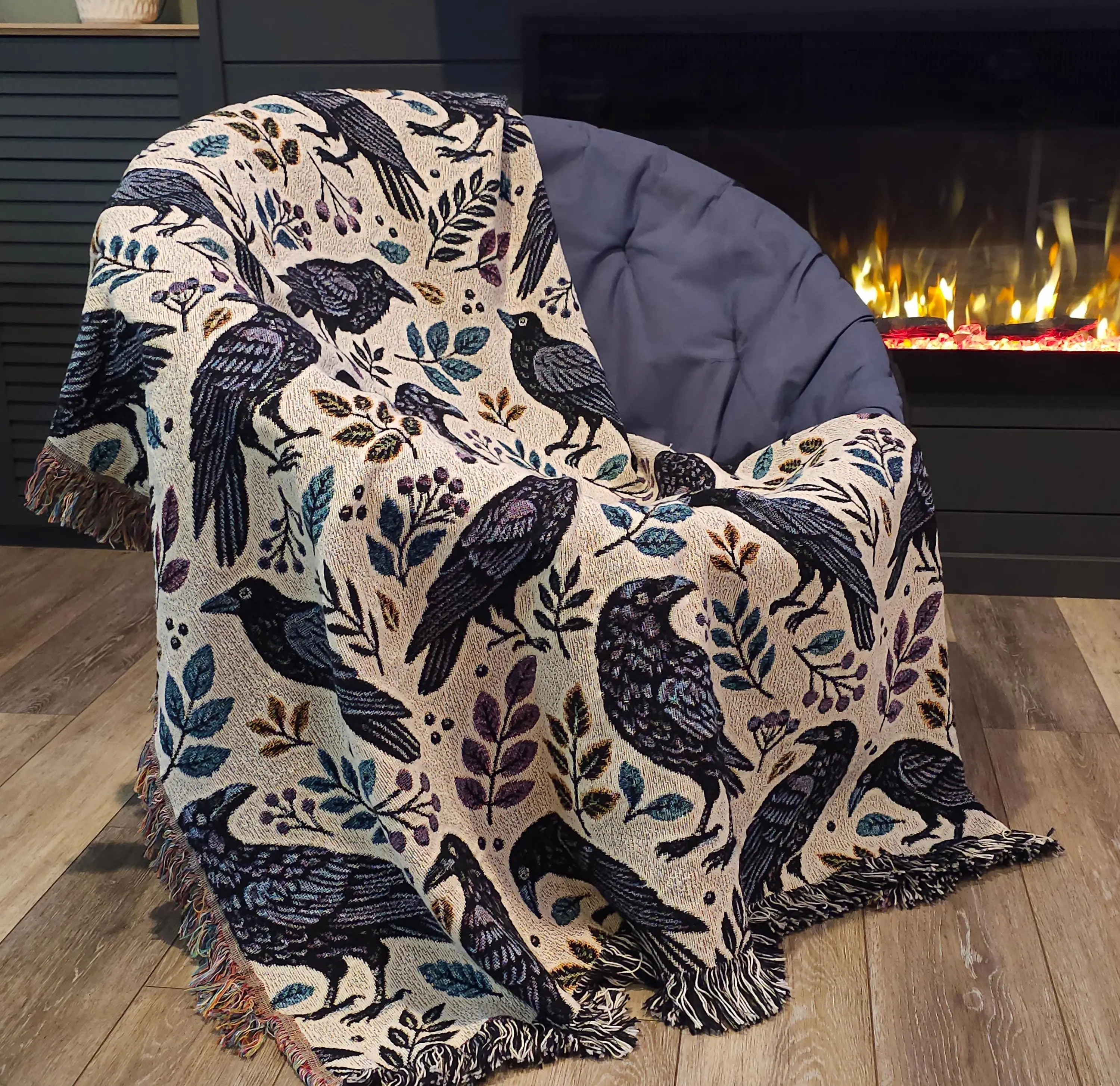 Ravens Woven Blanket: Gothic Crow Throw, Bird Lover Gift