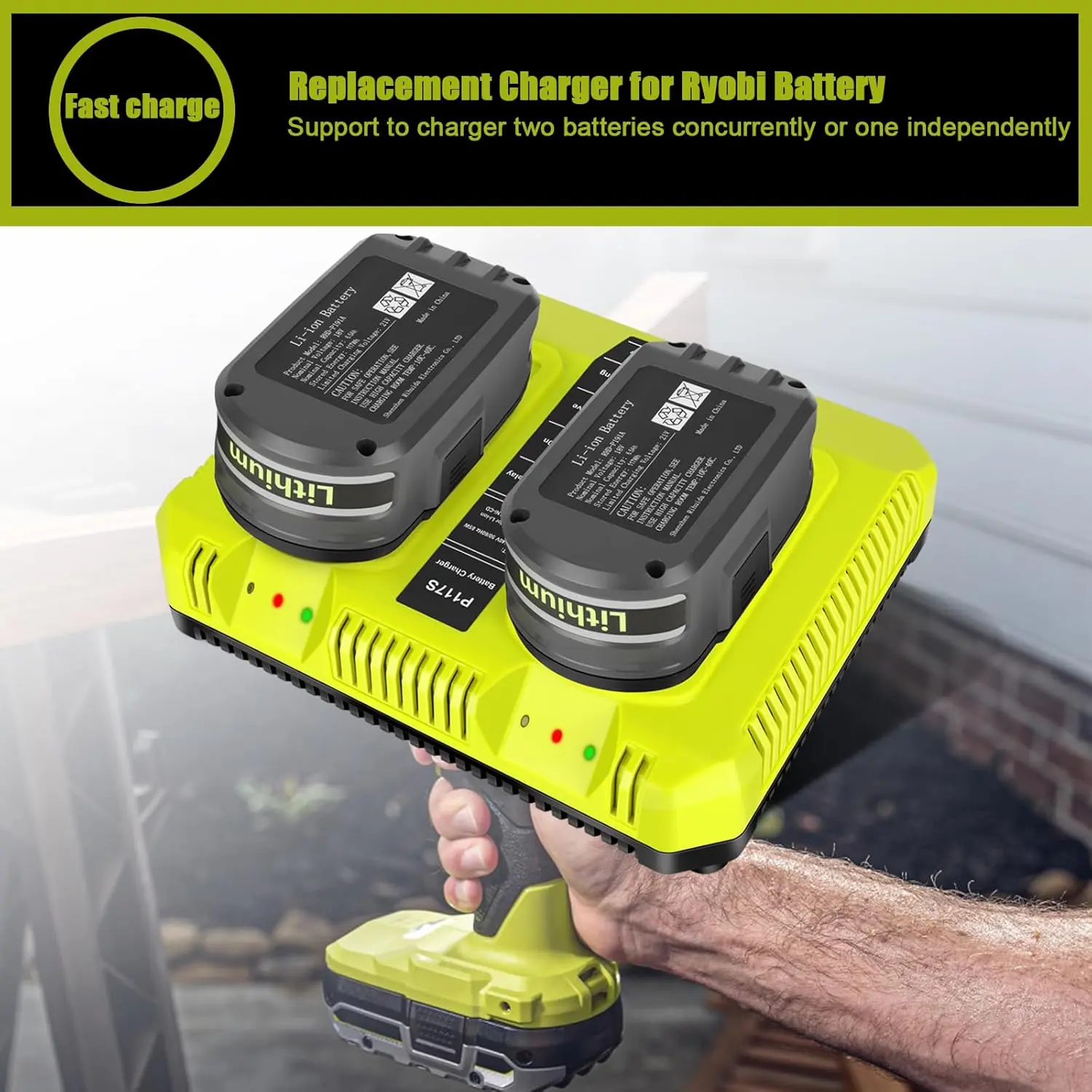 For Ryobi P117 Charger Station, Dual 18V Fast Charger for Ryobi 18V Lithium Batteries, Wall Mount Charger with Cooling System, Compatible with for P118 ONE+ Batteries