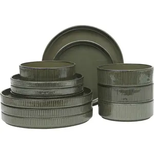 12 Piece (Service for 4) Townscape Plates and Bowls Reactive Glaze Embossed Round Dishes Terracotta Ceramic Dinnerware Set - Dark Green