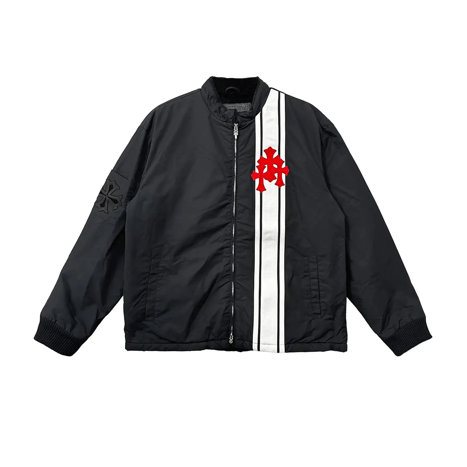 987712 Chrome Hearts Faux Fur Lined Triple Cross Patch Jacket