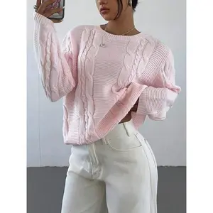 Women's Cable Knit Crew Neck Long Sleeve Loose-Fit Pullover Sweater, Autumn/Winter Solid Color Casual Flowy Soft Lightweight Cozy Chic Knitted Sweater Top, Women Fall Outfit, Winter Sweater for Women
