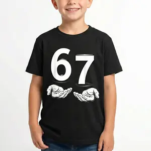Kid's 67 Number Magic Hands Graphic Tee - Black Short Sleeve Funny Casual Kids' T-Shirt with Unique Design for Everyday Wear