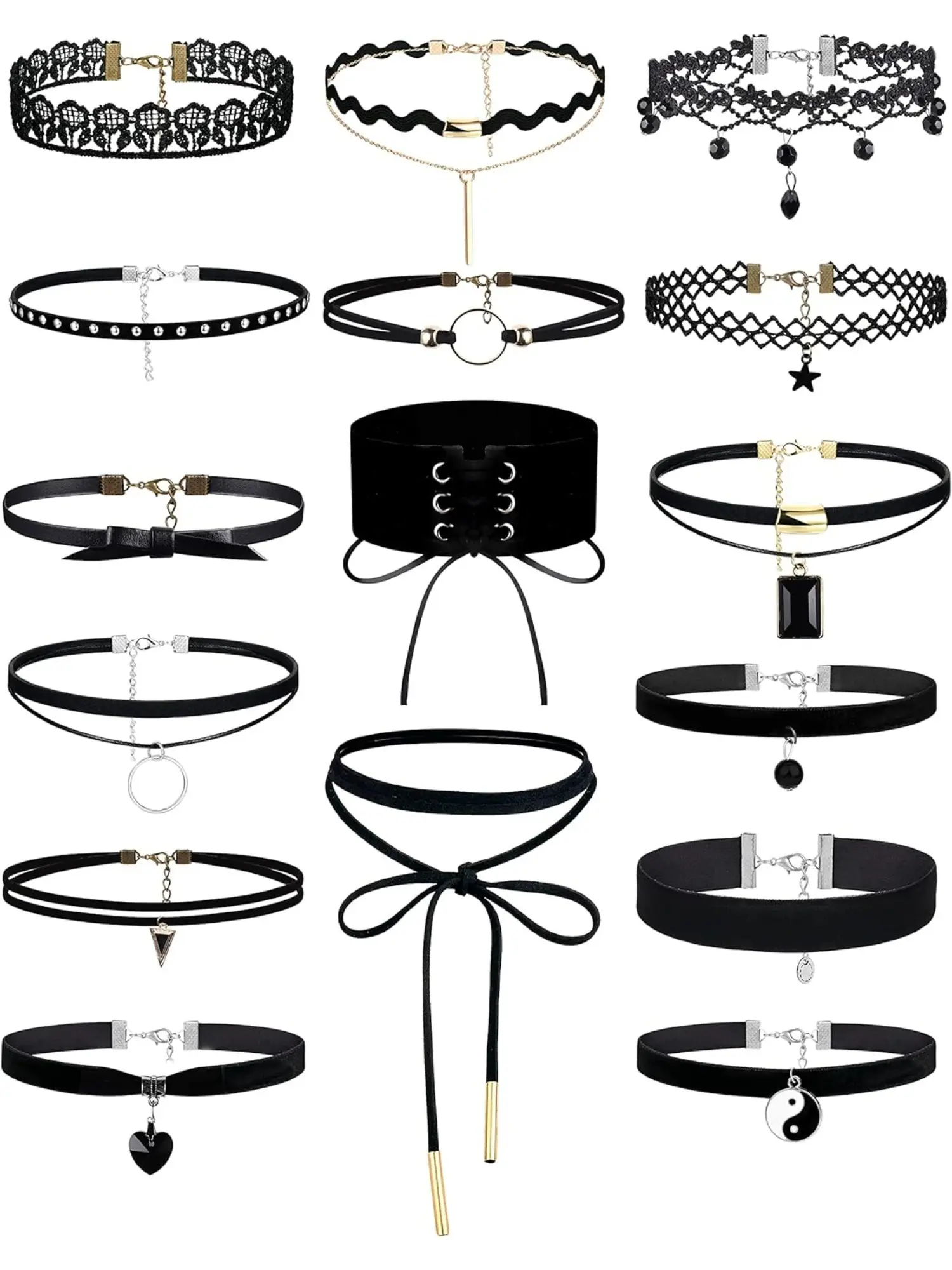 Fashionable 17 Pcs Black Lace Chokers Necklaces Trendy Gothic Collar Alloy Leather Chokers for Women Men Black Lace Velvet Necklace Set Heart Style Choker, Love Heart Necklace, Heart Shaped Choker, Chain Choker