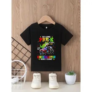 Boys Dinosaur & Monster Truck T-Shirt So Long Pre-K Kindergarten Here I Come Preschool Transition Outfit Round Neck Short Sleeve Machine Washable Kids Gift