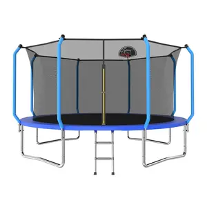 8/10/12/14FT Blue Playground Regular Trampoline with Ladder & Basketball Hoop, Heavy Duty Reinforced Thickened Outdoor Trampoline