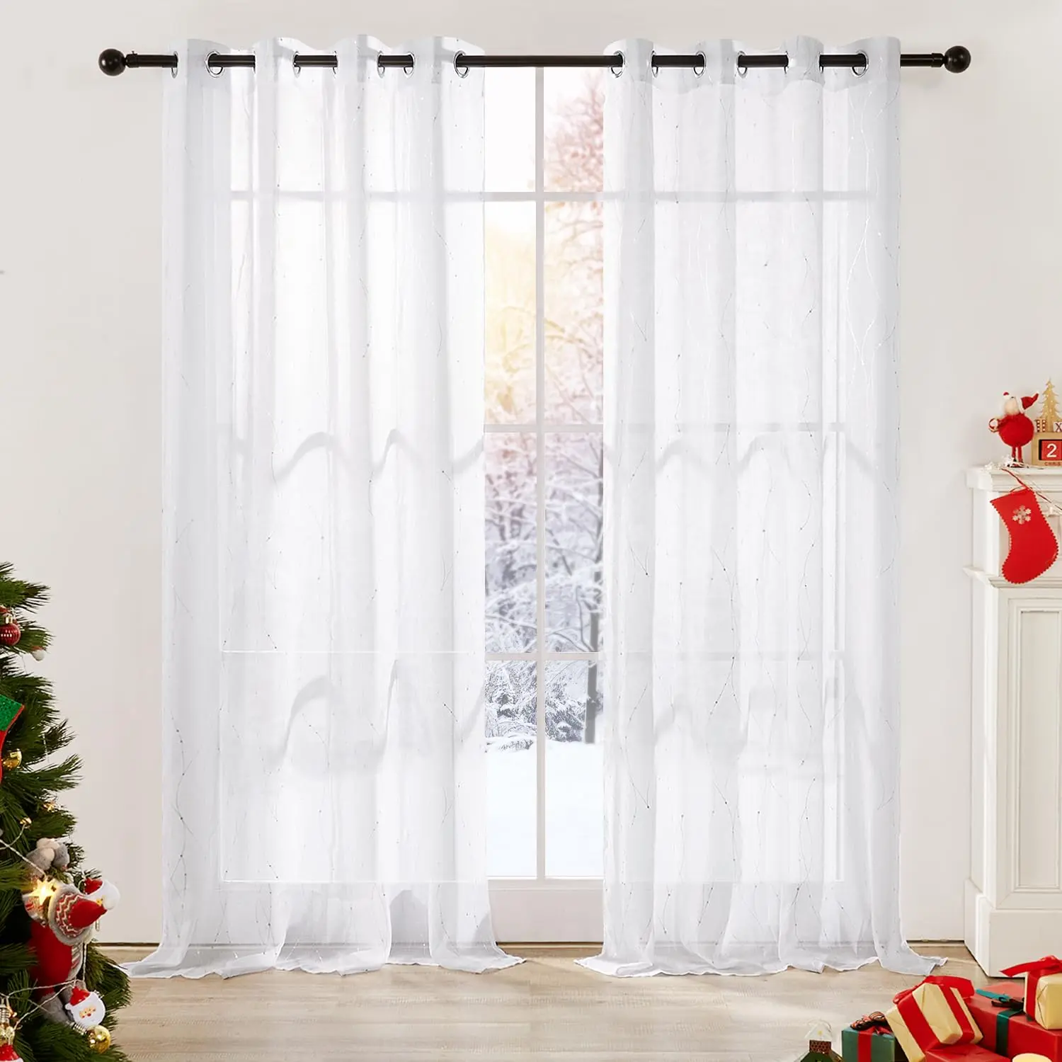 Deconovo Faux Linen Sheer Curtains(2 Panels, Foil Printed Pattern) - Indoor Sheer Curtains/Drapes with Grommet/Rod Pocket for Living Room/Bedroom/Kitchen