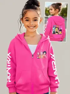 Girls Kpop Demon Hunters Cartoon Print Hoodie, Graphic Casual Hoodie, Comfortable Casual Fitted Jacket, Fall & Winter Zipper Sweatshirt, Christmas Gift