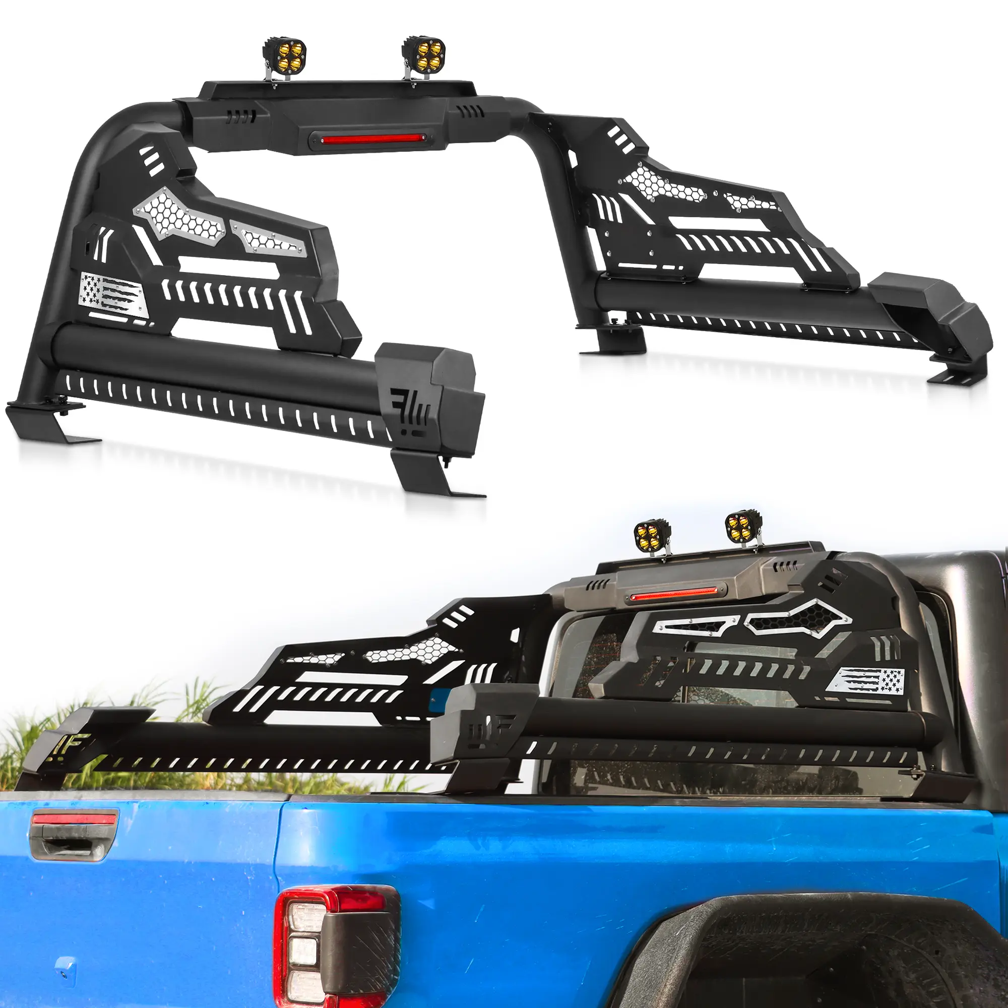 MONOKING Carbon Steel Adjustable Truck Bed Roll Bar with Brake Light, Pod Mount, Tonneau Compatible for 2004-2026 F-150/F-250/F-350/F-450/Ranger, 2002-2026 Ram, 2007-2026 Silverado/Sierra/Tundra/Tacoma, 2020-2026 Gladiator, LED Sport Bar