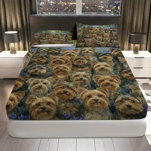 3Pcs Yorkshire Terrier Dog Pet Fitted sheet Three Piece Set (1*Fitted Sheet+2*Pillowcases, Coreless), Animal theme, Cute Puppy Bedding Set, Mattress protector Soft, Breathable, Bedroom and Guest Room Decor