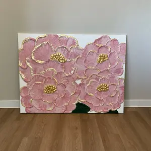 Blush Bloom Painting - Floral Artwork with Gold Accents, Textured Petals, Rich Green Leaves, Perfect for Home Decor and Hanging Ornaments - Hangable