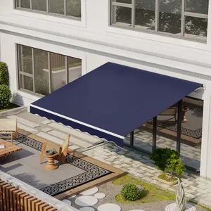 12' x 10' Electric Retractable Awning Sunshade Shelter with Remote Controller, Crank Handle for Deck Balcony Yard, Blue