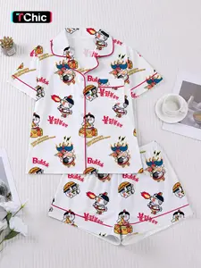 Women's Anime Turkey Print Sleepwear Set, Short Sleeve Button-Up Top & Elastic Shorts, Casual Fashion Home Wear Loungewear, All Seasons, Pajama Set