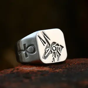 GTHIC Stainless Steel Anubis Egyptian Ring Ancient Symbol Jewelry for Birthday Gifts for Men Women Size 7-13