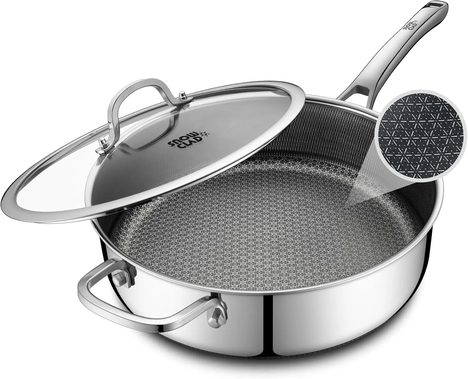 SNOWCLAD Frying Pans Nonstick with Lid,Hybrid Non Stick 5 Quart Saute pan,PFOA Free Cookware,Stainless Steel skillet,12 inch Deep Saute Pan,Dishwasher&Oven Safe,Works on All Cooktops