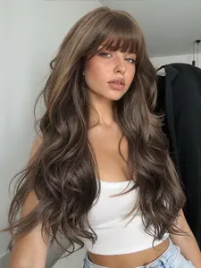Women's Long Wig with Bangs, Synthetic Hair Replacement System, Perfect for Daily Wear & Travel, Versatile Hairstyle Option, Synthetic Hair Wigs