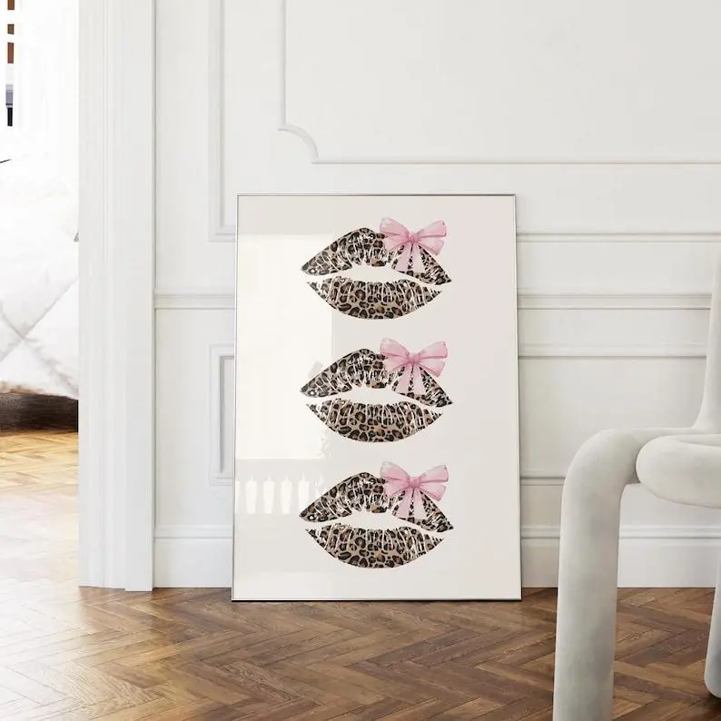 Pink Cheetah Print Trendy Retro, Kiss Print Poster Dorm Room Wall Art Cute Prints Leopard Girly Room Decor Girls Bedroom