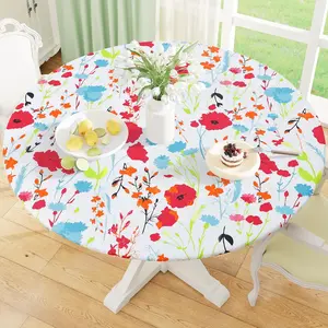 Round Fitted Tablecloth with Elastic Edge, 100% Waterproof Oil Proof Plastic Table Cover, Vinyl Flannel Backed Tablecloth Fits 36"-44" Round Tables for Dinner, Outdoor, Picnic, Flowers
