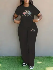 Women's Valentine's Day Leopard Print Heart Love Pattern Short Sleeve Top & Wide Leg Pants Set, Fitted Casual Womenswear Outfit for All Seasons
