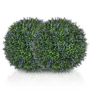 HOMCOM Artificial Boxwood Topiary Ball with Lavender Set of 2 16.5 Inch Faux Plant, UV-Protected Anti-Fading Fake Plants for Home Indoor Outdoor Porch, Purple