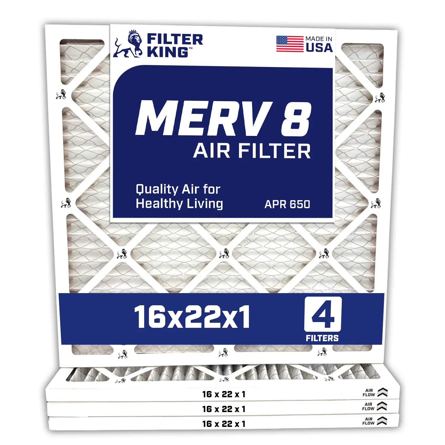 Filter King 16x22x1 Air Filter | 4-PACK | Carbon MERV 8 HVAC Pleated A/C Furnace Filters | MADE IN USA | Actual Size: 16 x 22 x .75"