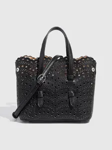 Women's Summer Hollow Out Tote Bag, Versatile Structured Handbag, Large Capacity Shoulder Crossbody Bag, Plain Color Bucket Bag
