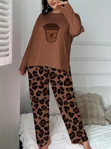 Women's Fall Winter Sleepwear Loungewear Set, Cartoon Coffee Cup Print Round Neck Long Sleeve Pajamas, Loose Comfortable Casual Home Wear