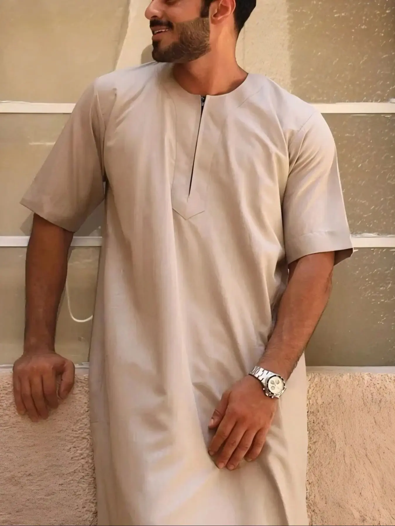 Arab Islamic Traditional Men's Clothing, For Muslim, Eid Al-Fitr Ramadan Festival Wear, Casual Loose Fit Short Sleeve Traditional Arabic Robe with Zipper Design, Authentic Saudi Thobe