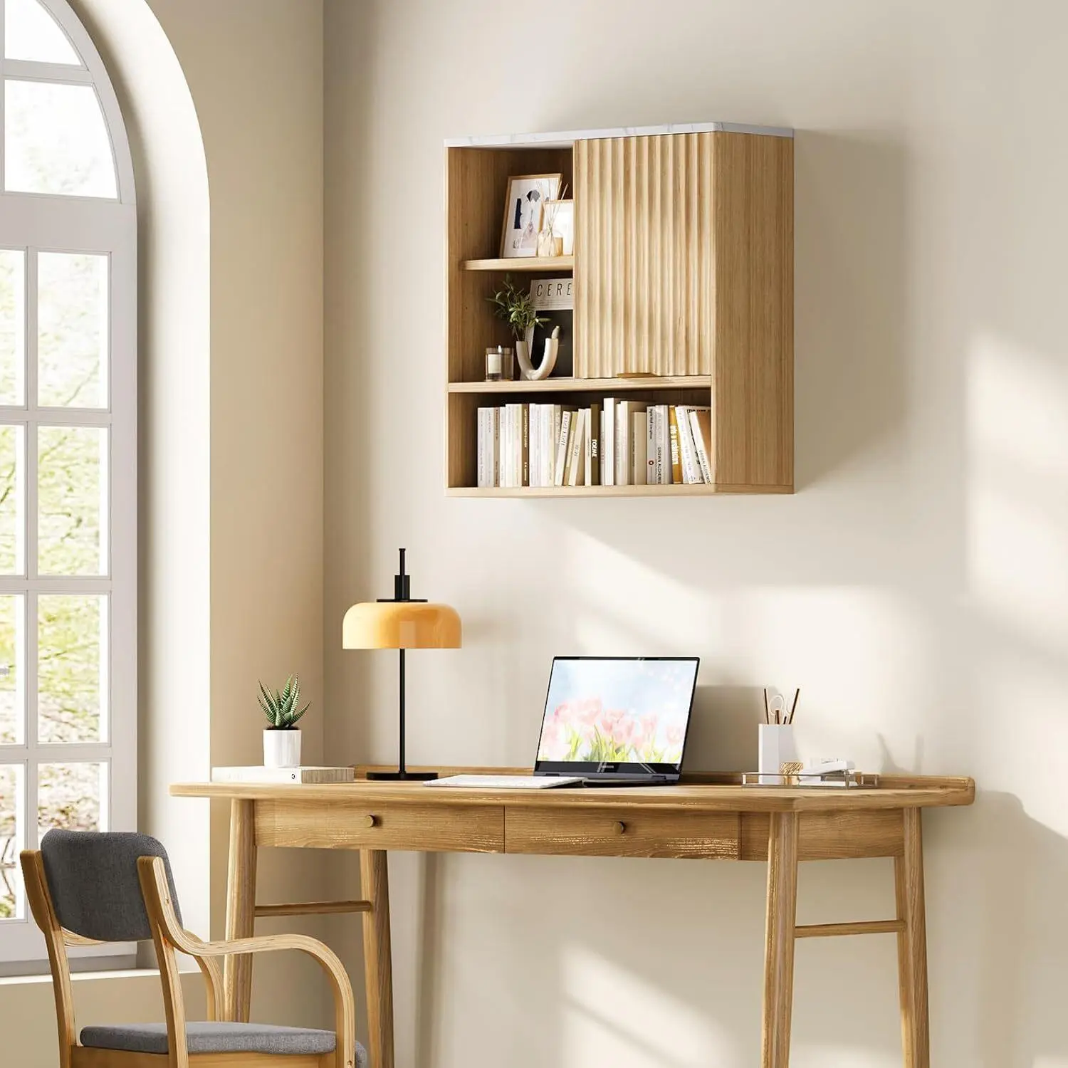 Fluted Medicine Cabinet Modern Wall Mounted Bathroom Cabinet Over Toilet Storage Floating Countertop Storage with Open Partition and Faux Marble Top Natural Oak