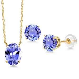 14K Yellow Gold Blue Tanzanite Pendant Earrings Jewelry Set For Women | 2.96 Cttw | Gemstone December Birthstone | Oval 8X6MM | with 18 Inch Chain